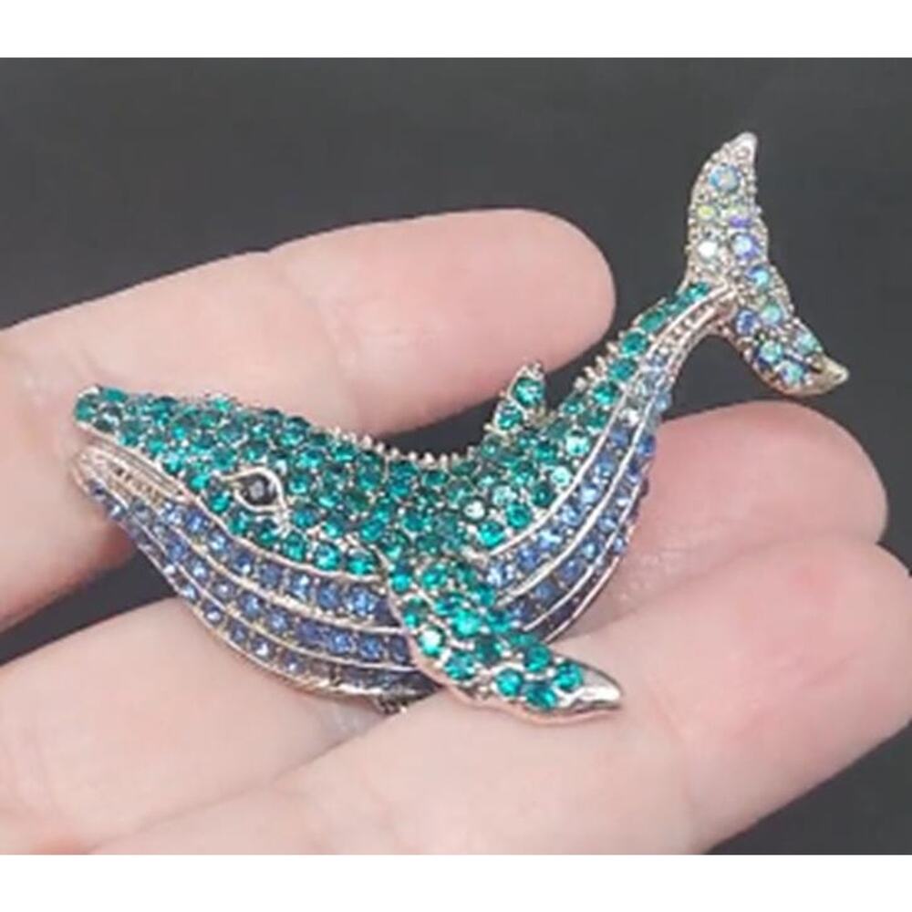 Whale Brooch Blue Green Rhinestone Marine Sealife Ocean Fish